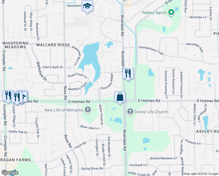 map of restaurants, bars, coffee shops, grocery stores, and more near 6898 Water Point Cove East in Memphis