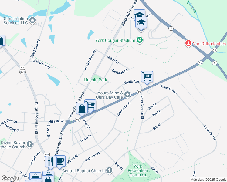 map of restaurants, bars, coffee shops, grocery stores, and more near in York