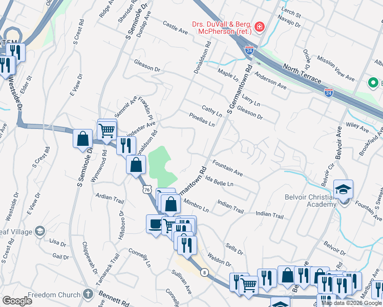 map of restaurants, bars, coffee shops, grocery stores, and more near 802 Merrimac Circle in Chattanooga