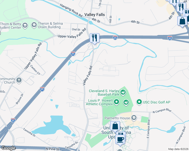 map of restaurants, bars, coffee shops, grocery stores, and more near Campus Suites Road in Spartanburg