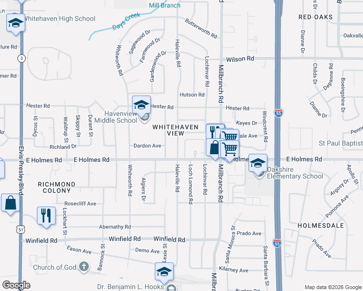map of restaurants, bars, coffee shops, grocery stores, and more near 1594 East Holmes Road in Memphis