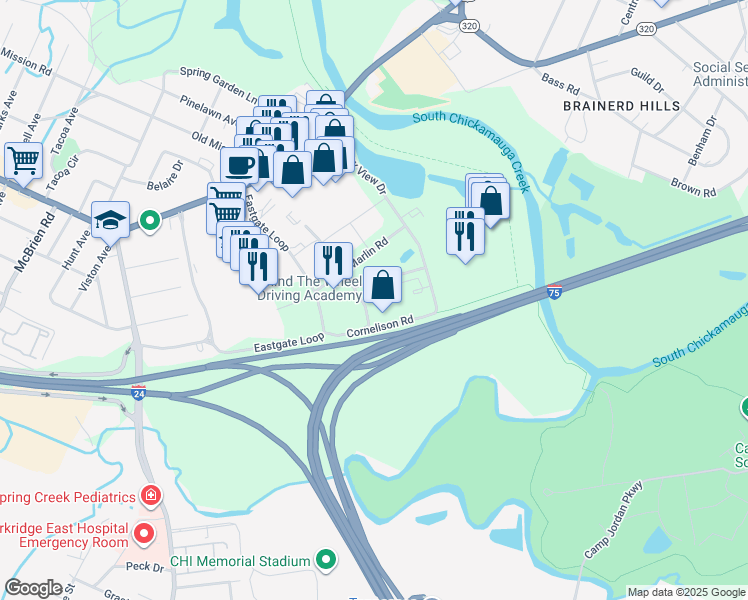 map of restaurants, bars, coffee shops, grocery stores, and more near 5720 Skurlock Road in Chattanooga