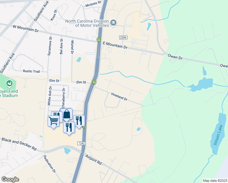 map of restaurants, bars, coffee shops, grocery stores, and more near 209 Vineland Drive in Fayetteville