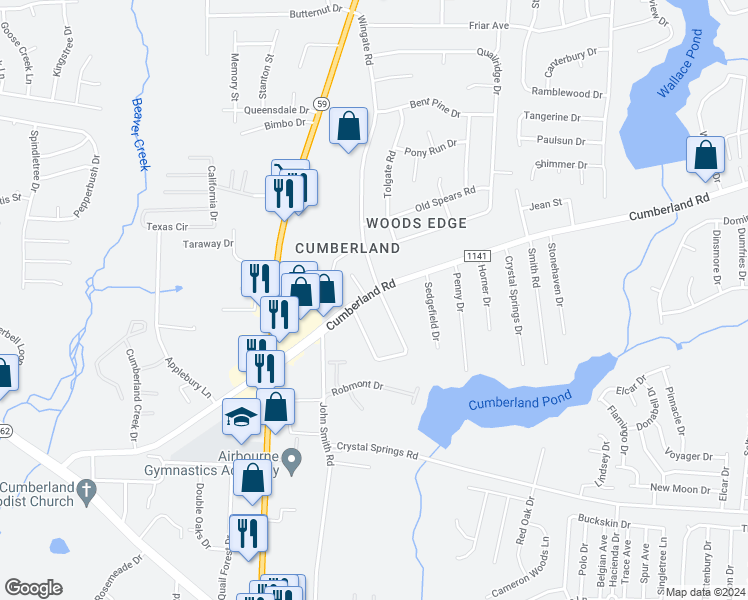 map of restaurants, bars, coffee shops, grocery stores, and more near 4613 Cumberland Road in Fayetteville