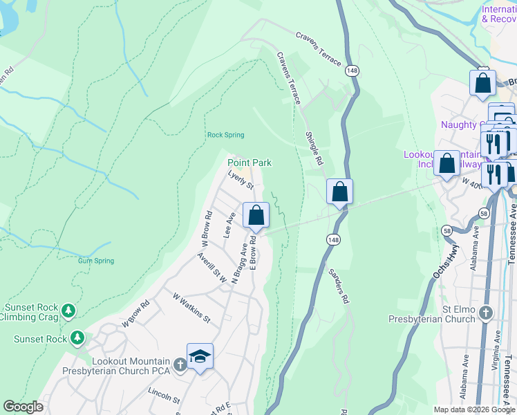 map of restaurants, bars, coffee shops, grocery stores, and more near 1003 East Brow Road in Lookout Mountain