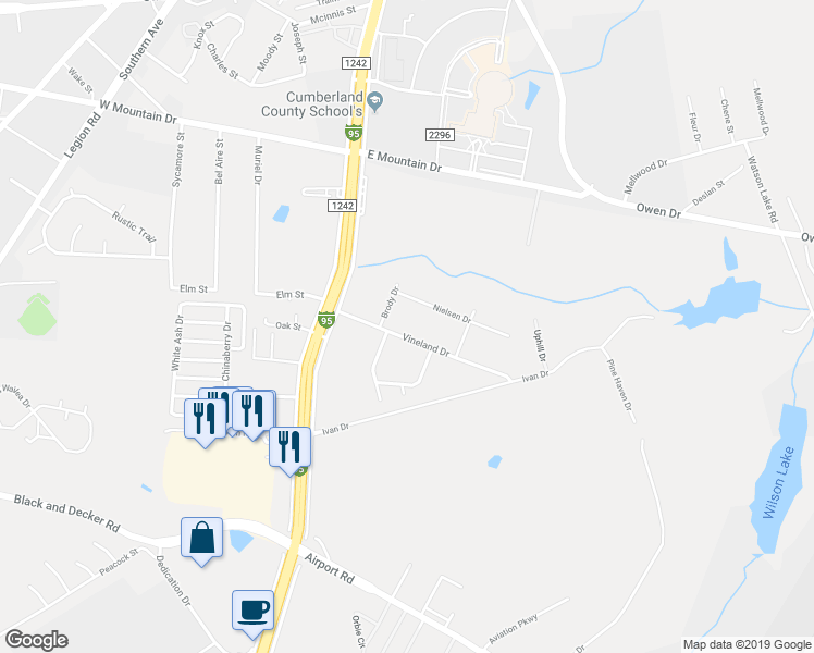 map of restaurants, bars, coffee shops, grocery stores, and more near 206 Vineland Drive in Fayetteville