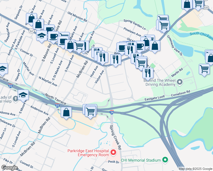 map of restaurants, bars, coffee shops, grocery stores, and more near 308 Spring Creek Road in Chattanooga