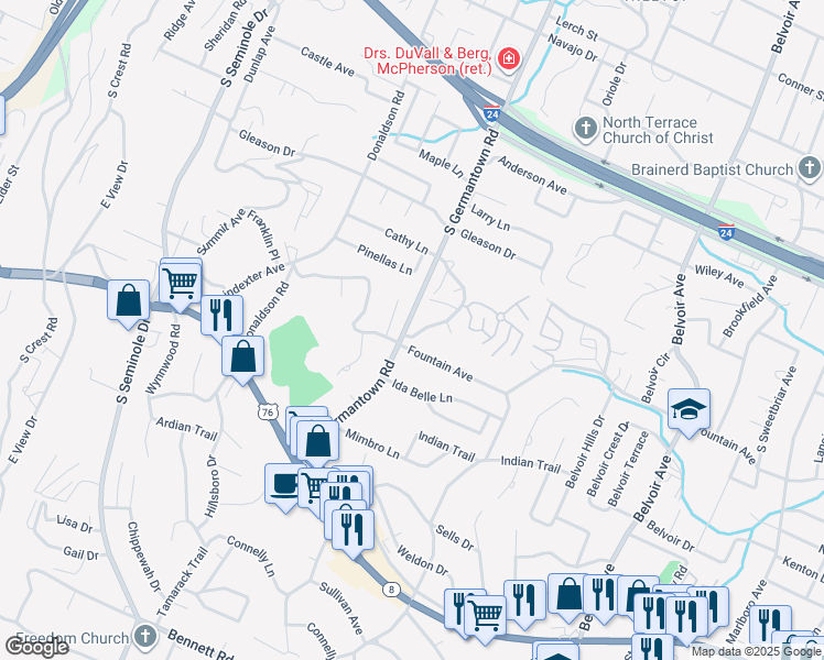 map of restaurants, bars, coffee shops, grocery stores, and more near 742 South Germantown Circle in Chattanooga