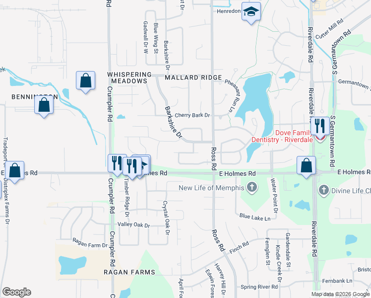 map of restaurants, bars, coffee shops, grocery stores, and more near 6621 Collins Way Drive in Memphis