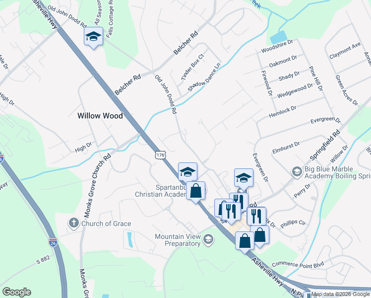 map of restaurants, bars, coffee shops, grocery stores, and more near 502 Old John Dodd Road in Boiling Springs