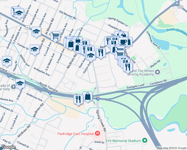 map of restaurants, bars, coffee shops, grocery stores, and more near 308 Spring Creek Road in Chattanooga