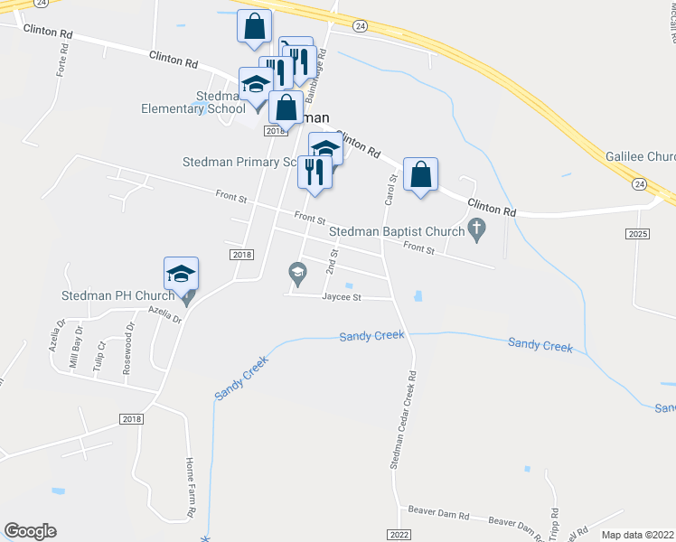 map of restaurants, bars, coffee shops, grocery stores, and more near 301 2nd Street in Stedman