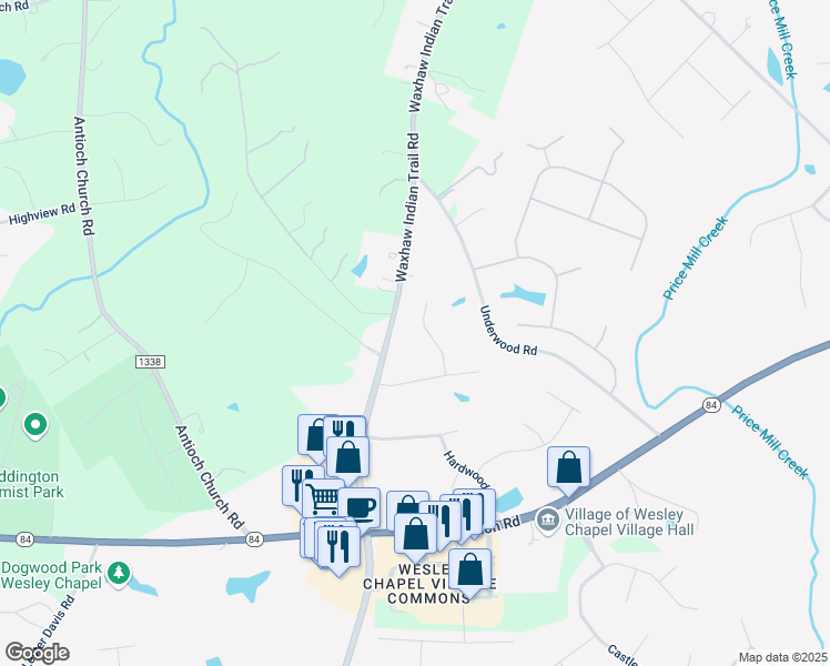 map of restaurants, bars, coffee shops, grocery stores, and more near 5807 Waxhaw Indian Trail Road in Matthews
