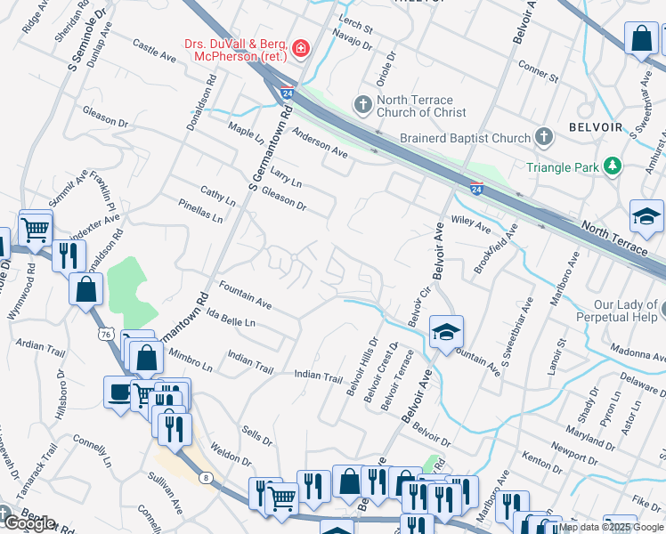 map of restaurants, bars, coffee shops, grocery stores, and more near 3701 Jason Drive in Chattanooga