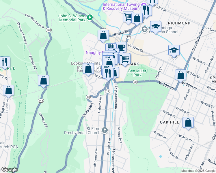 map of restaurants, bars, coffee shops, grocery stores, and more near Saint Elmo Avenue in Chattanooga