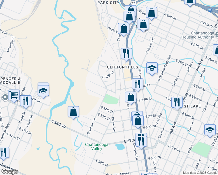 map of restaurants, bars, coffee shops, grocery stores, and more near 1122 East 32nd Street in Chattanooga