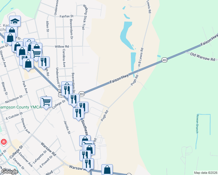 map of restaurants, bars, coffee shops, grocery stores, and more near 360 Faison Highway in Clinton