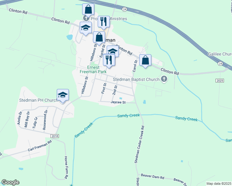 map of restaurants, bars, coffee shops, grocery stores, and more near 301 2nd Street in Stedman