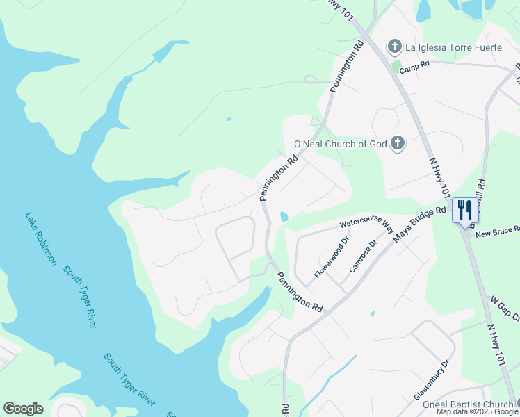 map of restaurants, bars, coffee shops, grocery stores, and more near 3560 Pennington Road in Greer