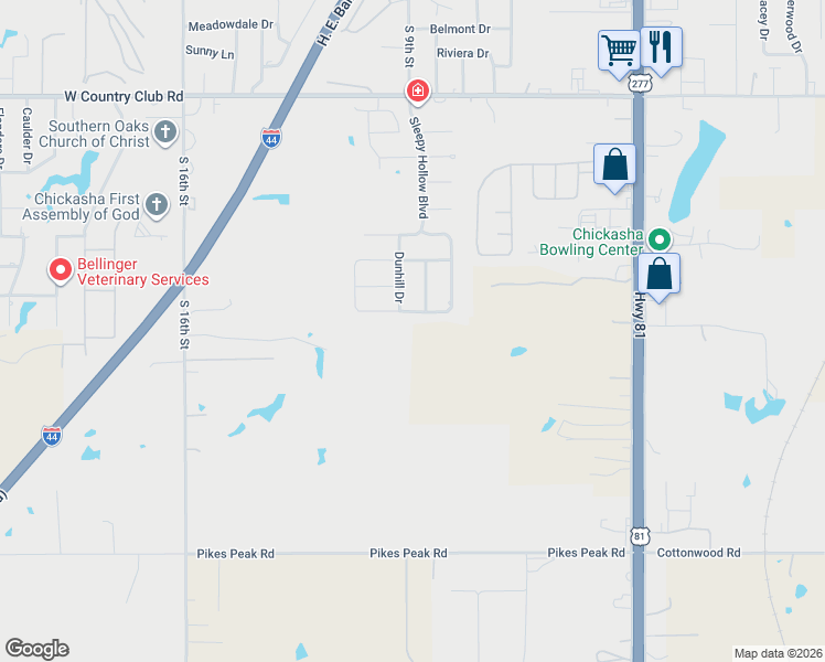 map of restaurants, bars, coffee shops, grocery stores, and more near 901 Hickory Stick Drive in Chickasha