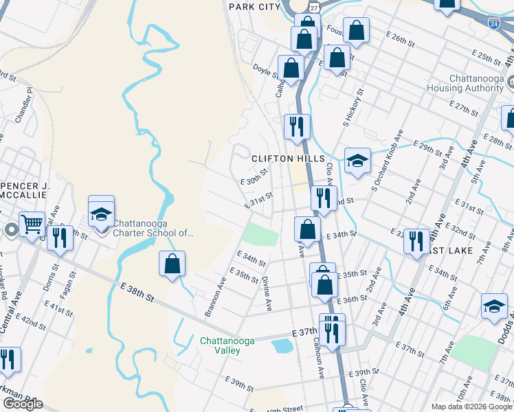 map of restaurants, bars, coffee shops, grocery stores, and more near 1122 East 32nd Street in Chattanooga