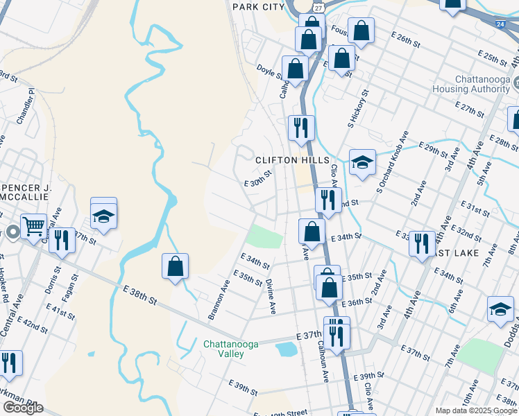map of restaurants, bars, coffee shops, grocery stores, and more near 1122 East 32nd Street in Chattanooga