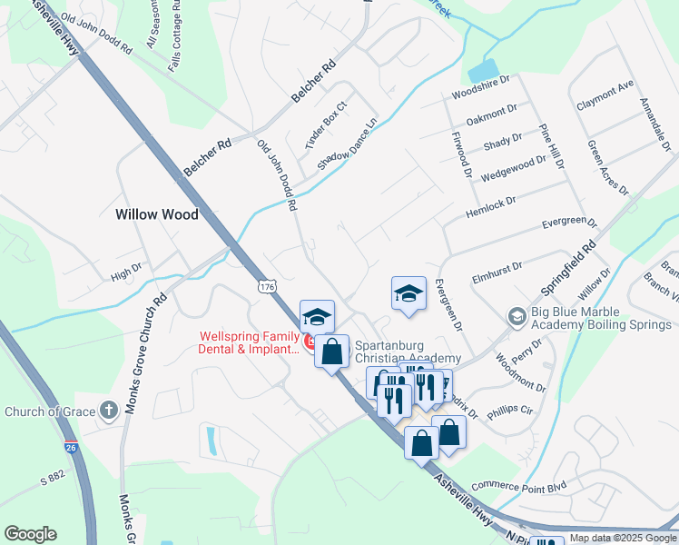 map of restaurants, bars, coffee shops, grocery stores, and more near 107 Stoney Brook Drive in Boiling Springs