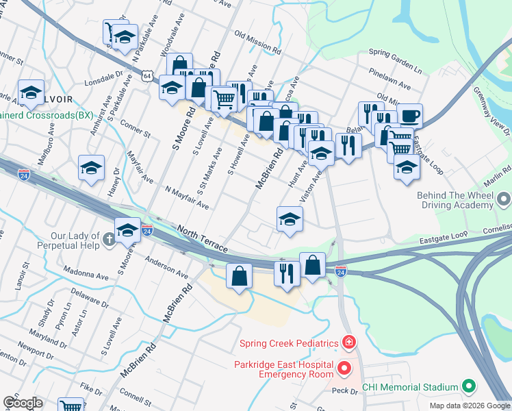 map of restaurants, bars, coffee shops, grocery stores, and more near 5308 Lynnland Terrace in Chattanooga
