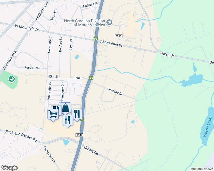 map of restaurants, bars, coffee shops, grocery stores, and more near 205 Vineland Drive in Fayetteville