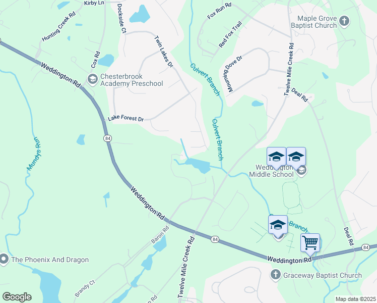 map of restaurants, bars, coffee shops, grocery stores, and more near 513 Pine Needle Court in Weddington