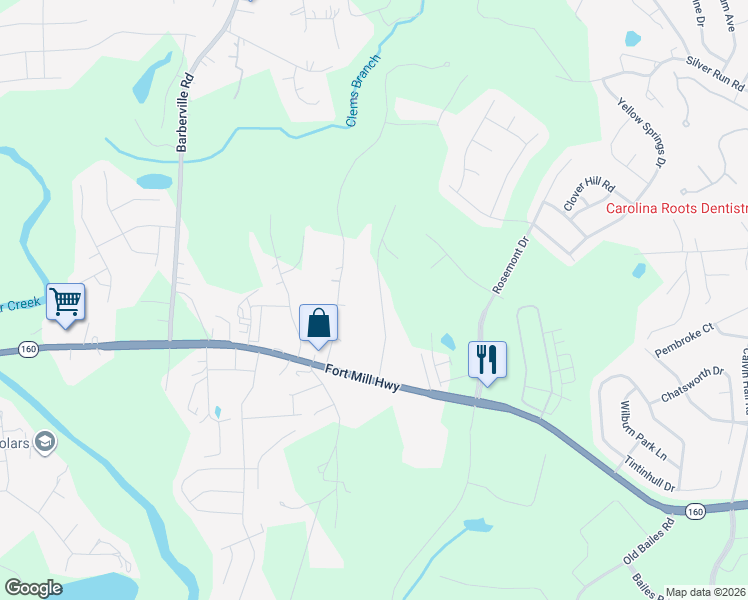 map of restaurants, bars, coffee shops, grocery stores, and more near 9844 Southwinds Drive in Fort Mill