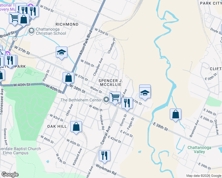map of restaurants, bars, coffee shops, grocery stores, and more near 217 West 37th Street in Chattanooga