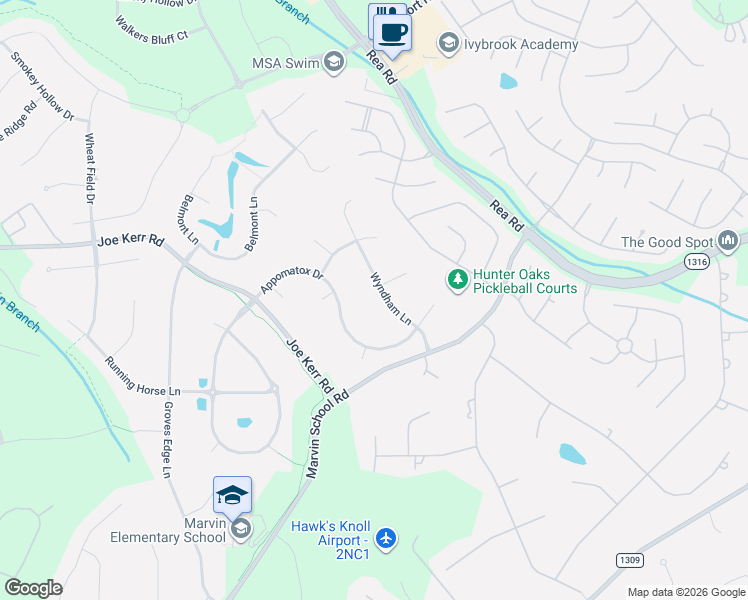 map of restaurants, bars, coffee shops, grocery stores, and more near 517 Appomatox Drive in Marvin