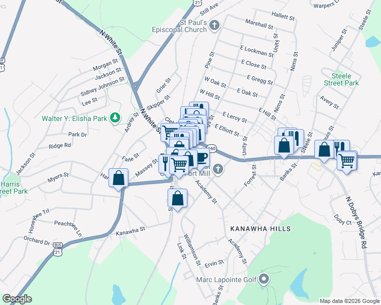 map of restaurants, bars, coffee shops, grocery stores, and more near 115 Confederate Street in Fort Mill