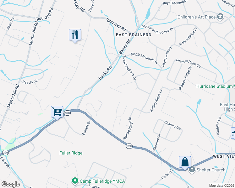 map of restaurants, bars, coffee shops, grocery stores, and more near 1657 Hamlet Drive in Chattanooga