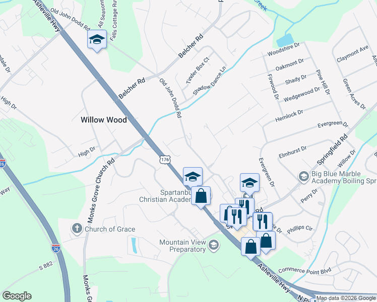 map of restaurants, bars, coffee shops, grocery stores, and more near 502 Old John Dodd Road in Boiling Springs