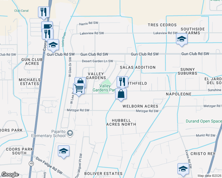 map of restaurants, bars, coffee shops, grocery stores, and more near 2500 Apple Valley Avenue Southwest in Albuquerque