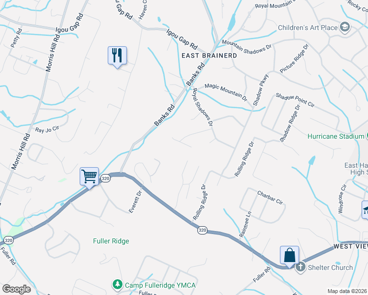 map of restaurants, bars, coffee shops, grocery stores, and more near 1657 Hamlet Drive in Chattanooga