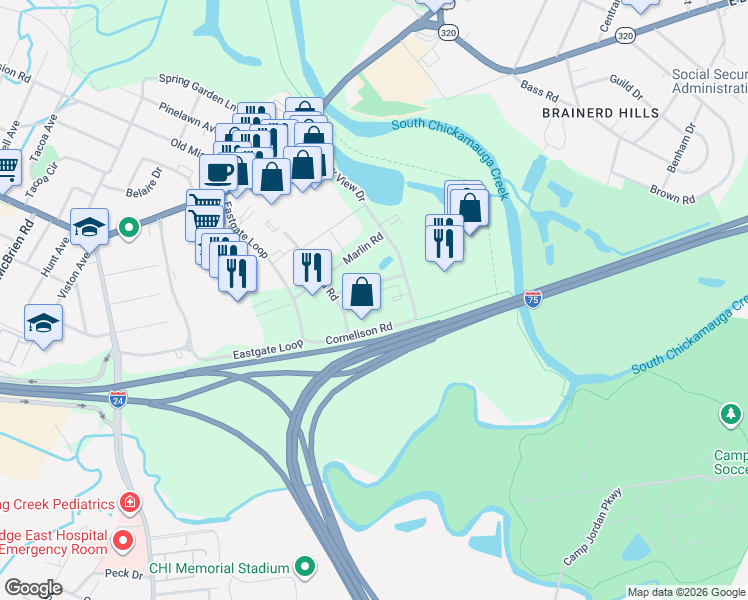 map of restaurants, bars, coffee shops, grocery stores, and more near 5751 Cornelison Road in Chattanooga