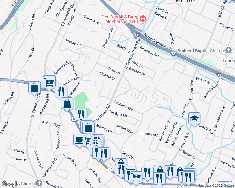 map of restaurants, bars, coffee shops, grocery stores, and more near 742 South Germantown Circle in Chattanooga