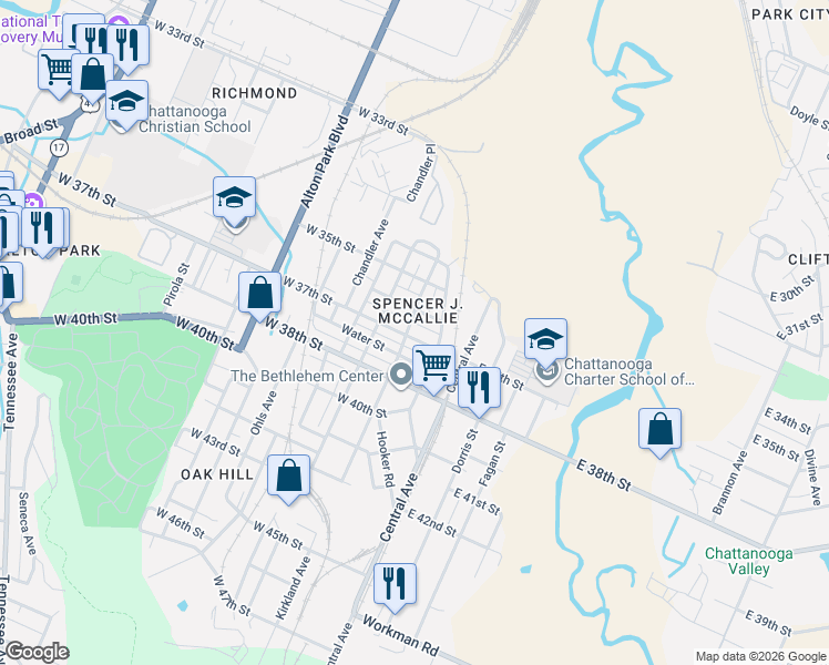 map of restaurants, bars, coffee shops, grocery stores, and more near 250a Water Street in Chattanooga