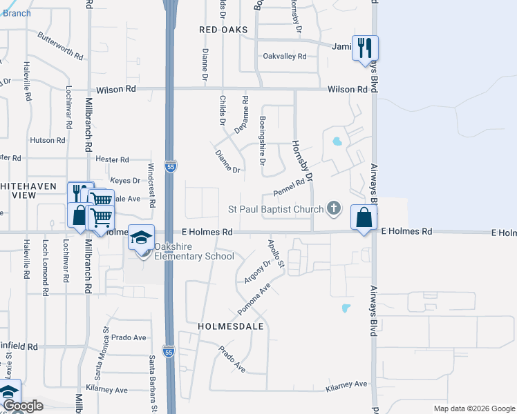 map of restaurants, bars, coffee shops, grocery stores, and more near 2004 Pennel Road in Memphis