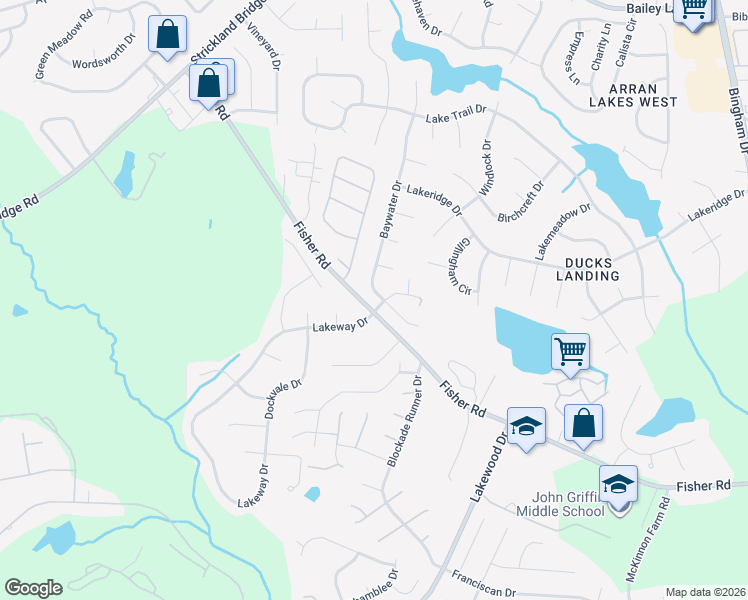 map of restaurants, bars, coffee shops, grocery stores, and more near 6004 Lakeway Drive in Fayetteville