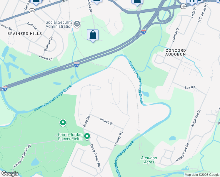 map of restaurants, bars, coffee shops, grocery stores, and more near 35 Frawley Road in Chattanooga