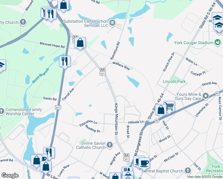 map of restaurants, bars, coffee shops, grocery stores, and more near 234 Kings Mountain Street in York