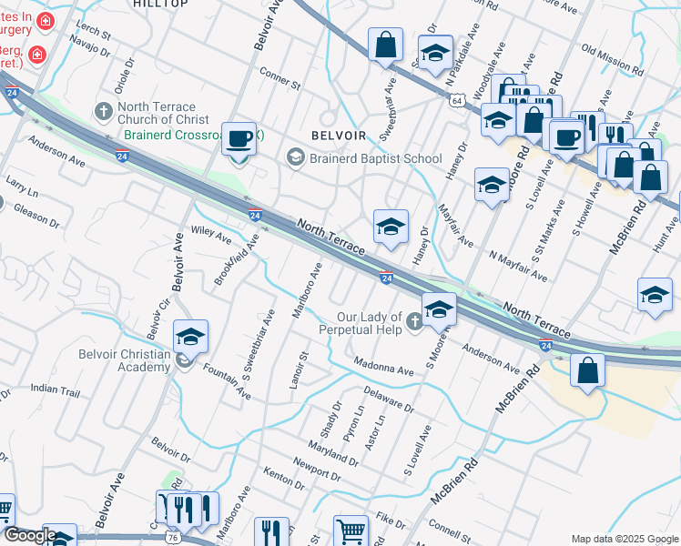 map of restaurants, bars, coffee shops, grocery stores, and more near Wando Drive in Chattanooga