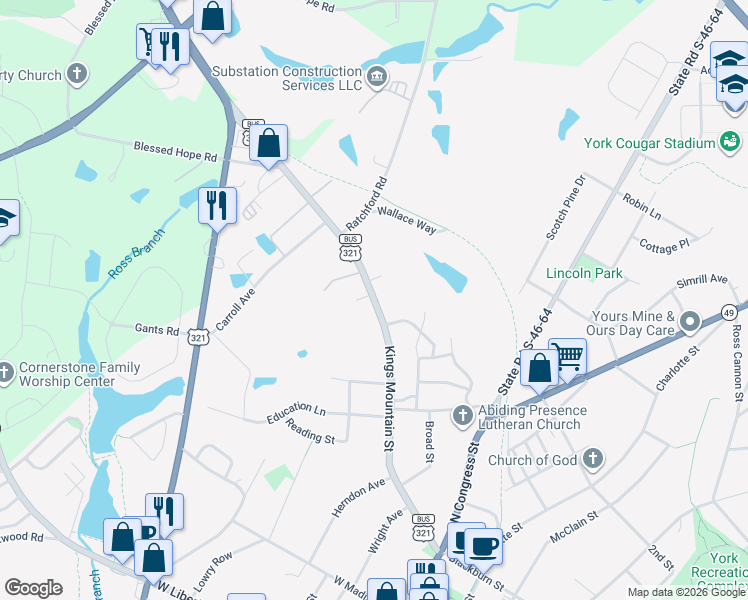 map of restaurants, bars, coffee shops, grocery stores, and more near 234 Kings Mountain Street in York