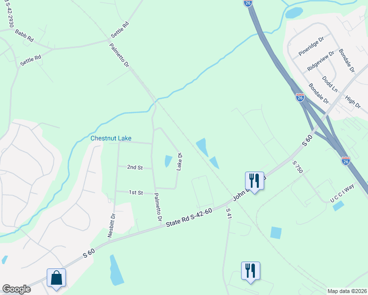 map of restaurants, bars, coffee shops, grocery stores, and more near 20 Lake Drive in Inman
