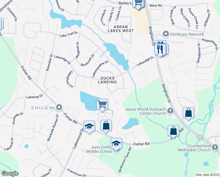 map of restaurants, bars, coffee shops, grocery stores, and more near 5986 Brookcliff Road in Fayetteville