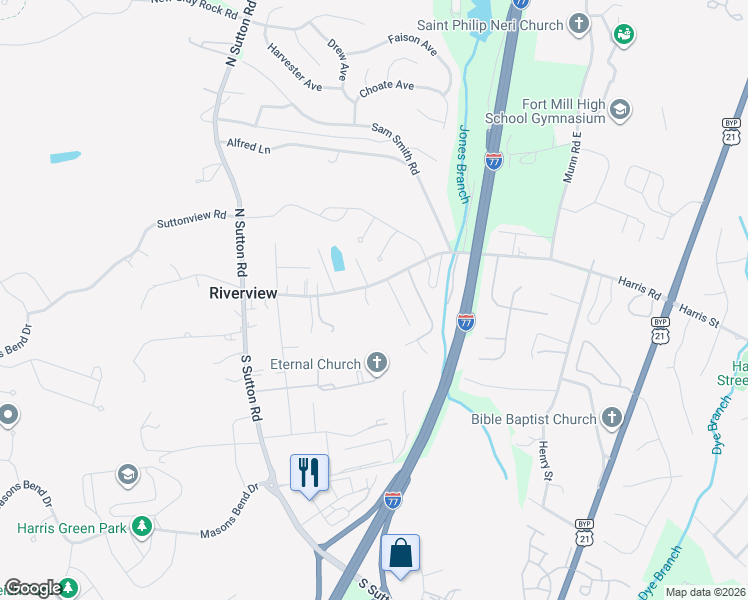 map of restaurants, bars, coffee shops, grocery stores, and more near 1595 Harris Road in Fort Mill